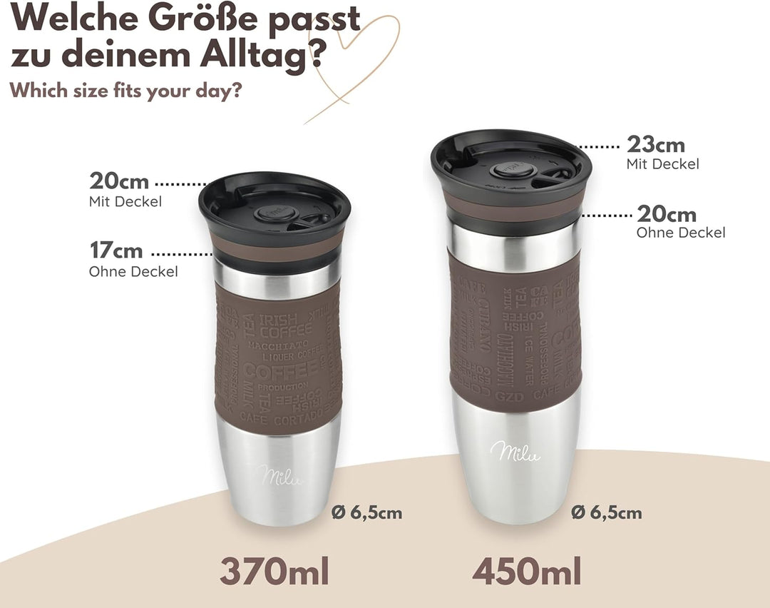 Milu Thermobecher Kaffee to go 370ml, 450ml Isolierbecher Kaffeebecher - 100% Auslaufsicher - Trinkb