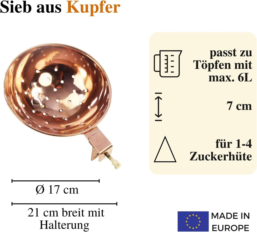 Copper Garden Sieb aus blankem Kupfer I Siebeinsatz für Feuerzangenbowle I Sieb zum Einhängen 17 cm