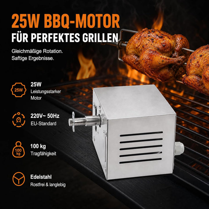 Grillmotor für Grillspiess, 25 W Edelstahl, bis 100kg | Hohem Drehmoment, Effiziente Wärmeableitung,