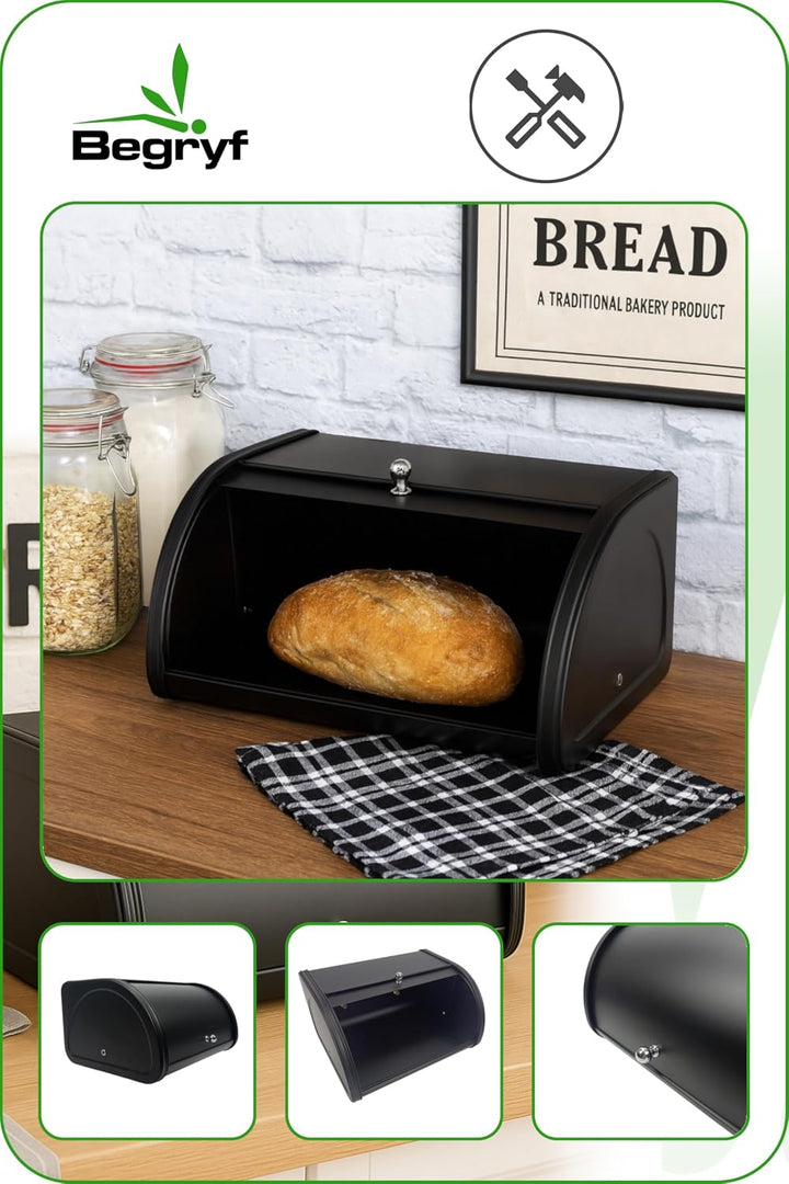 Rollbrotkasten 31,5 cm, schwarzer Brotkasten aus Metall für Brot und Brötchen, kompakte Brotbox für