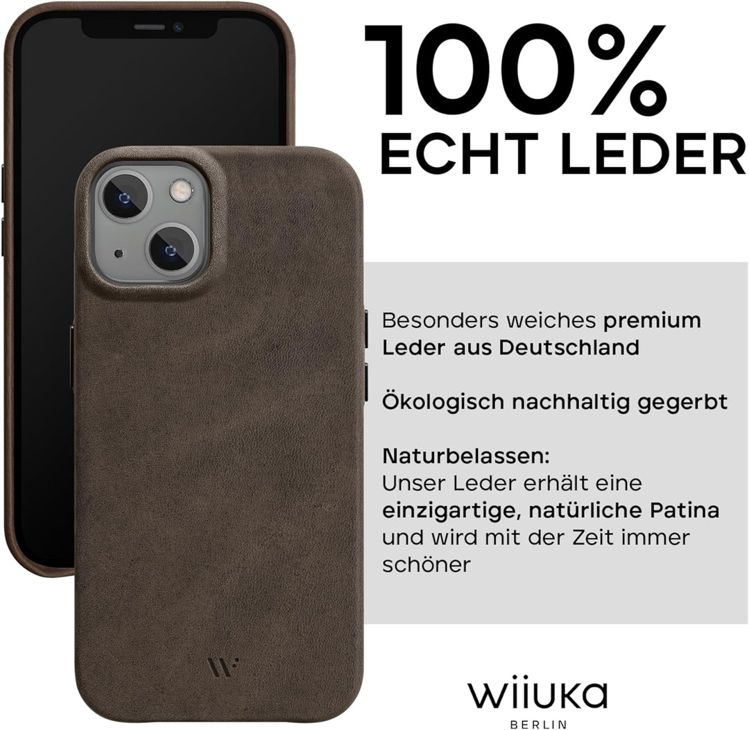 WIIUKA Hülle für iPhone 14, Leder aus Deutschland, Lederhülle extra Dünn, Premium Handyhülle, Case,