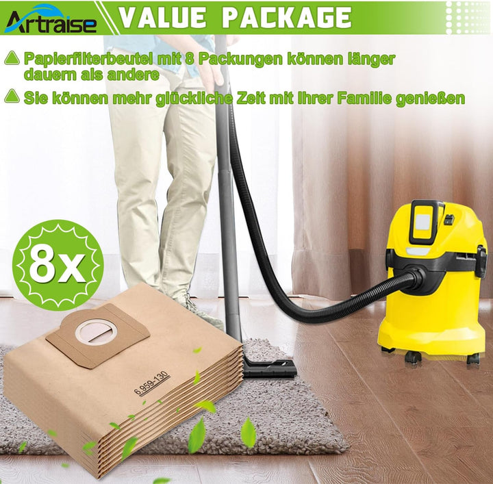 Artraise Wd3 Beutel für Kärcher Staubsauger 6.959-130.0, 8 Stück Premium Staubsaugerbeutel Papierfil