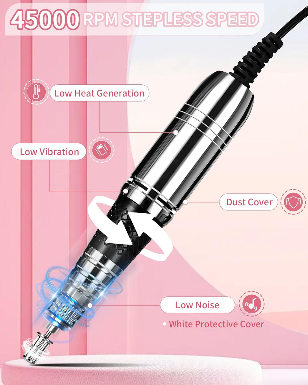 Nagelschleifer 45000 U/min, 6 in 1, Profi-Nagelfräser mit Pedal/Touch-Modus