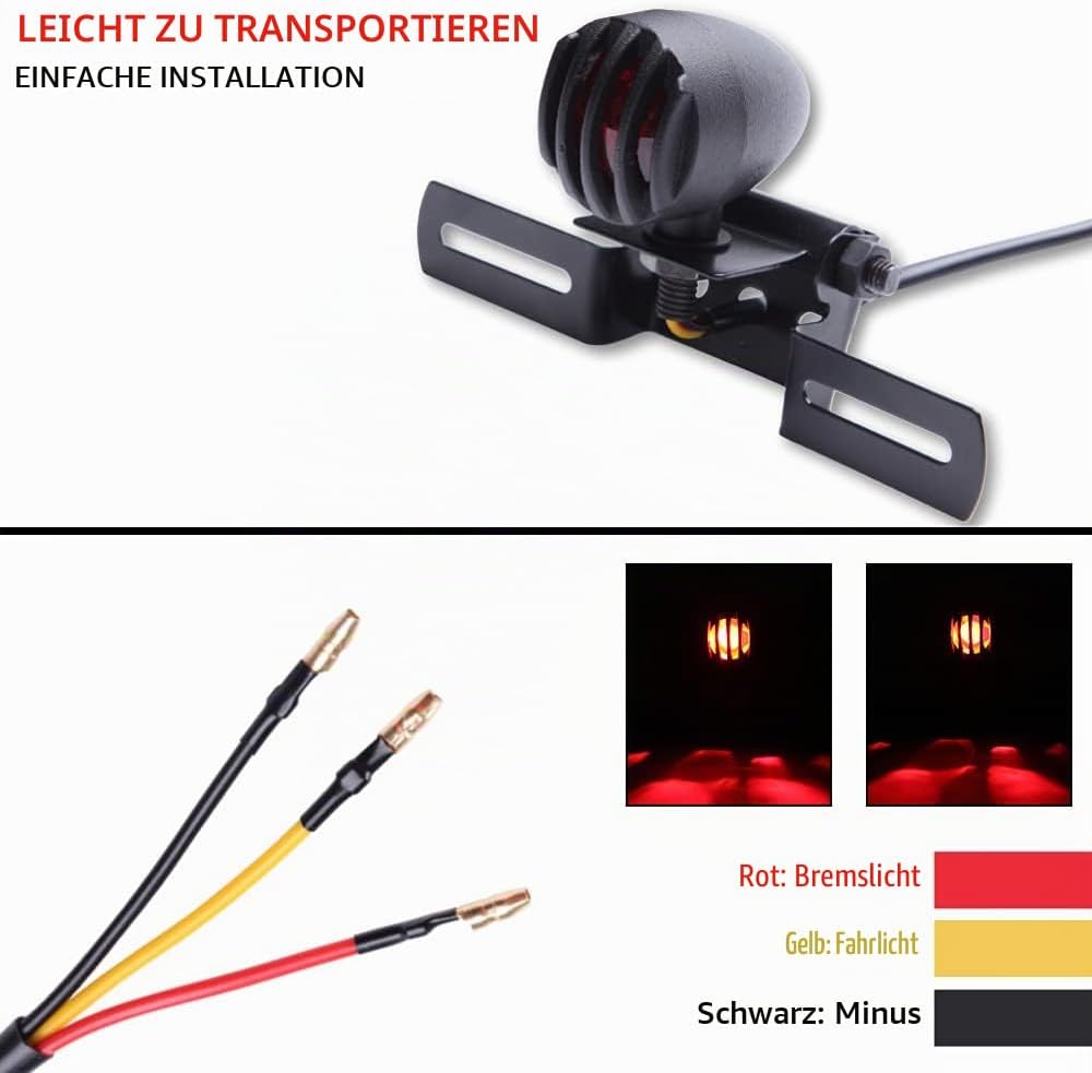 12V Motorrad Rücklicht Bremslicht Kennzeichnenleuchte mit Halter Bullet Steel Gehäuse Motorradlicht