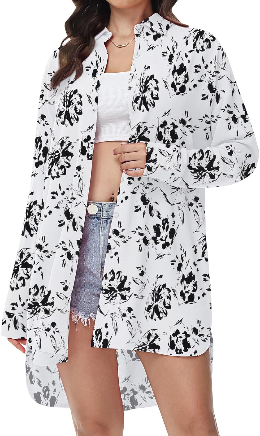 Damen Bluse V-Ausschnitt Hemdbluse Langarm Lässiges Hemd zum Knöpfen Langarmshirt Casual Oberteile A