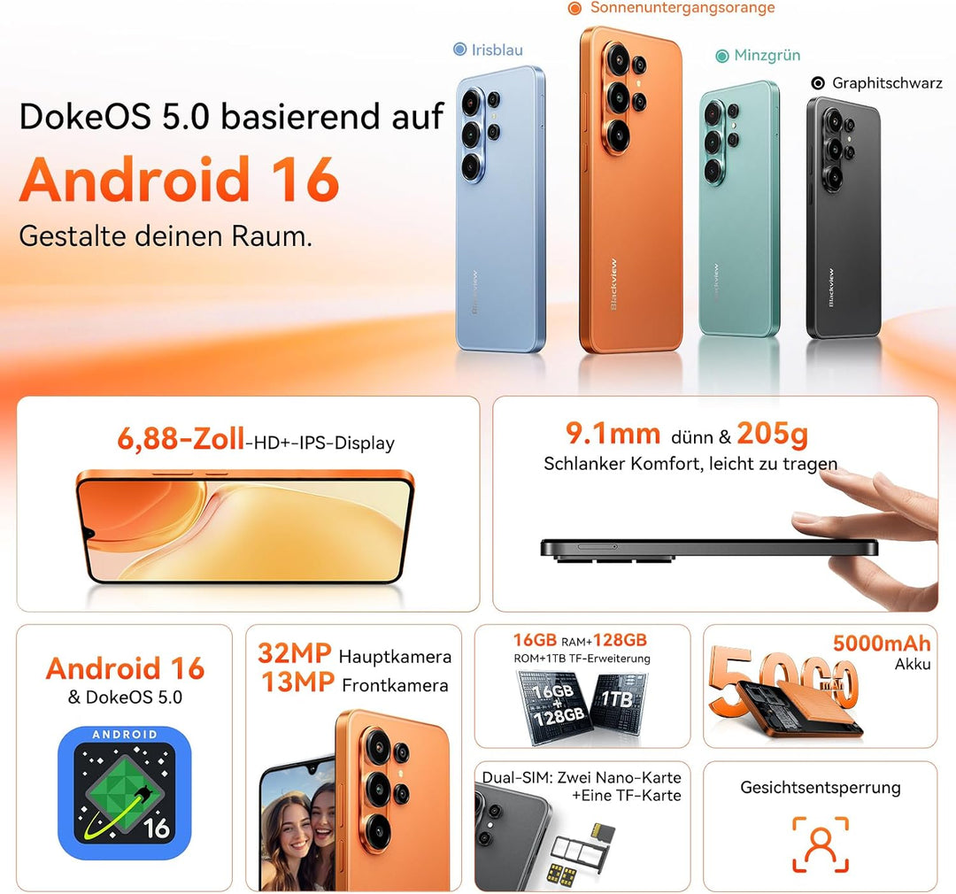 Blackview Wave 10C 6,88" HD+IPS Android 16 Handy Ohne Vertrag, 32MP+13MP, 16GB+128GB/1TB, 5000mAh, 4