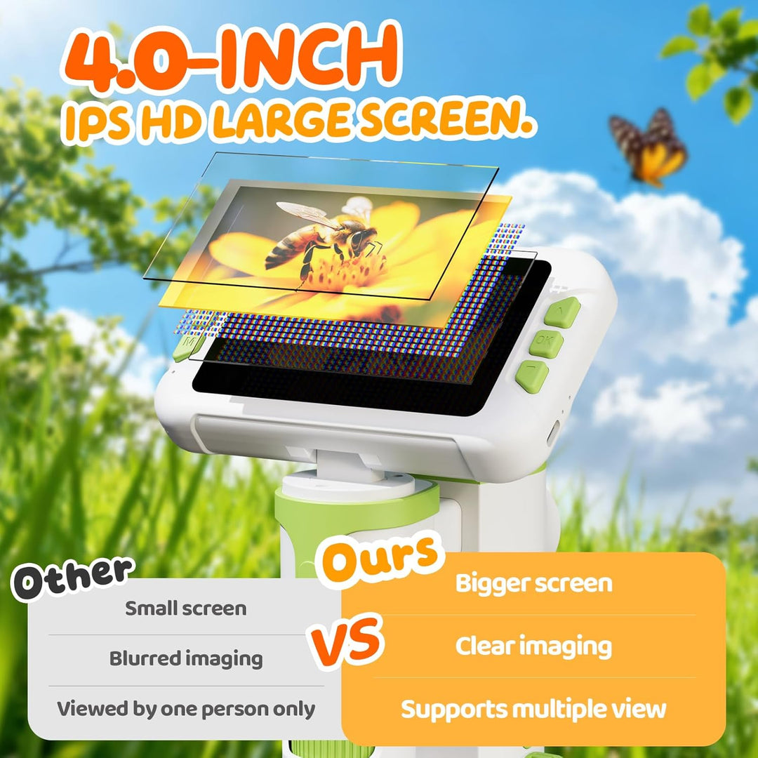 1600X Mikroskop für Kinder, 4K 4,0" IPS-Bildschirm Kinder Mikroskop mit Foto-und Videoaufnahme, Wiss