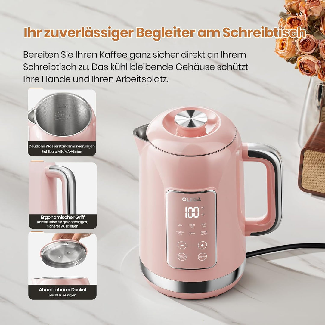 OLEGA Wasserkocher: 1800 W Wasserkocher mit Temperaturregelung, 1,5 l Fassungsvermögen, Edelstahl, S