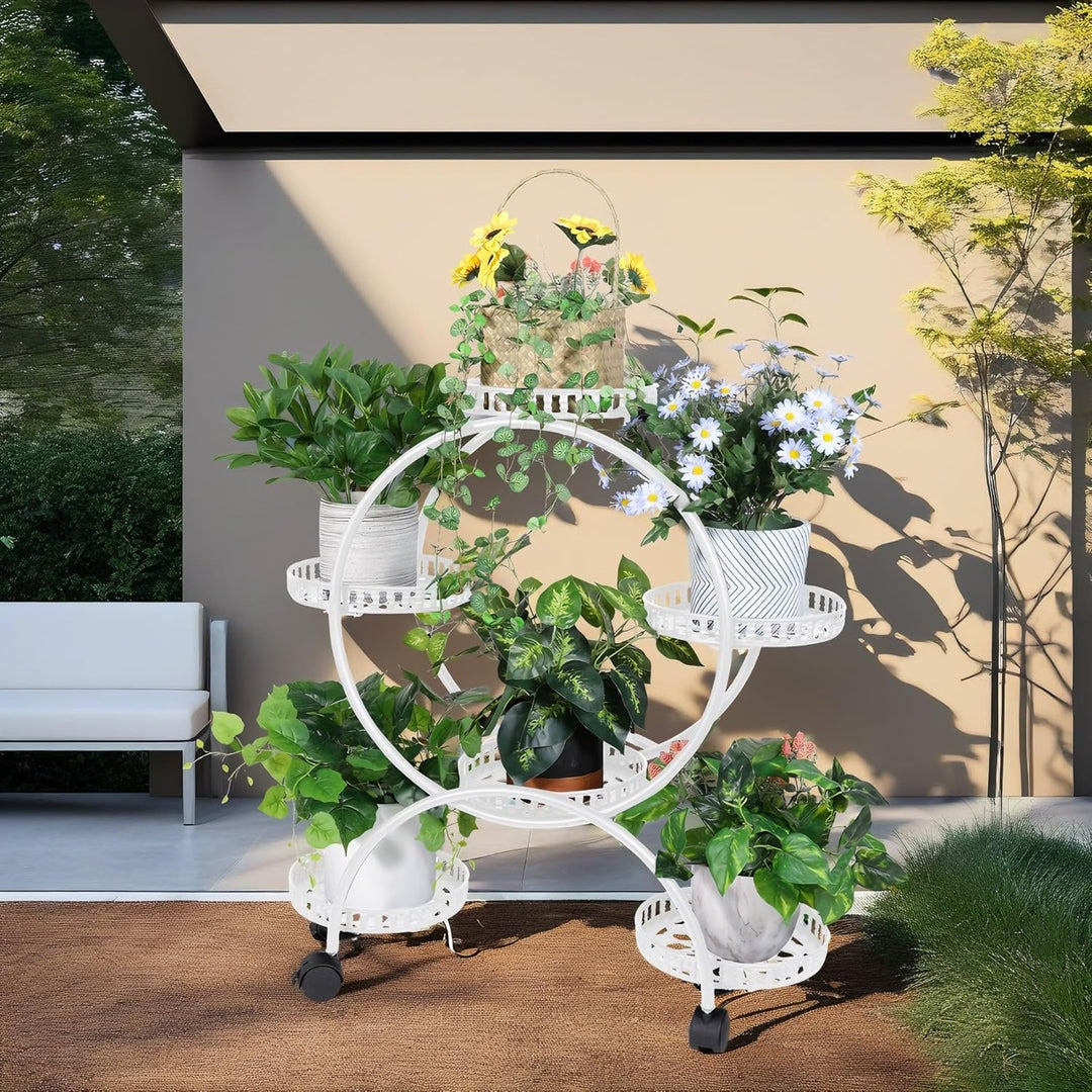unho Blumentreppe für 6 Blumentöpfe, Blumenregal rollbar, Metall Pflanzenregal Pflanzentreppe für In