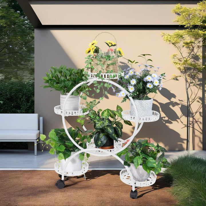 unho Blumentreppe für 6 Blumentöpfe, Blumenregal rollbar, Metall Pflanzenregal Pflanzentreppe für In