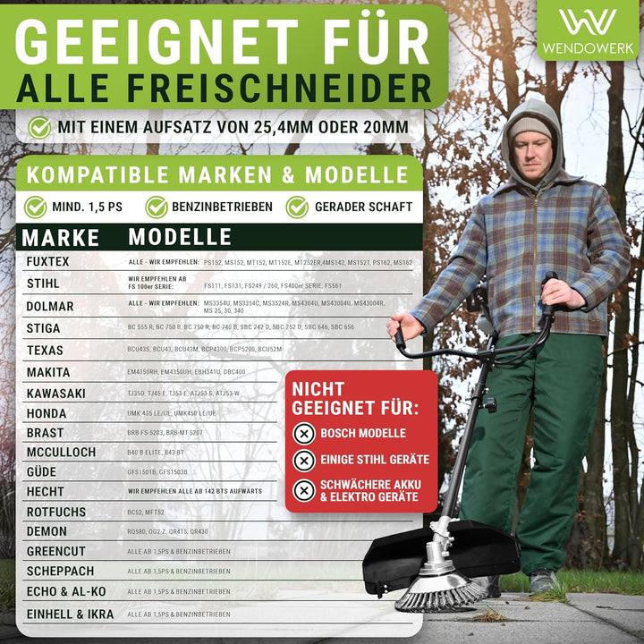 WENDOWERK® Profi Unkrautbürste Freischneider mit 25,4mm Bohrung [2023] - Effektive Unkrautentfernung