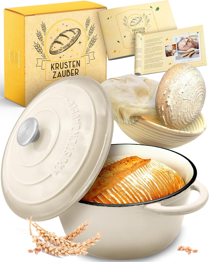 KRUSTENZAUBER Gusseisen Topf Brot backen emailliert inkl. Gärkorb - 26cm Emaille-Topf samt Zubehör -