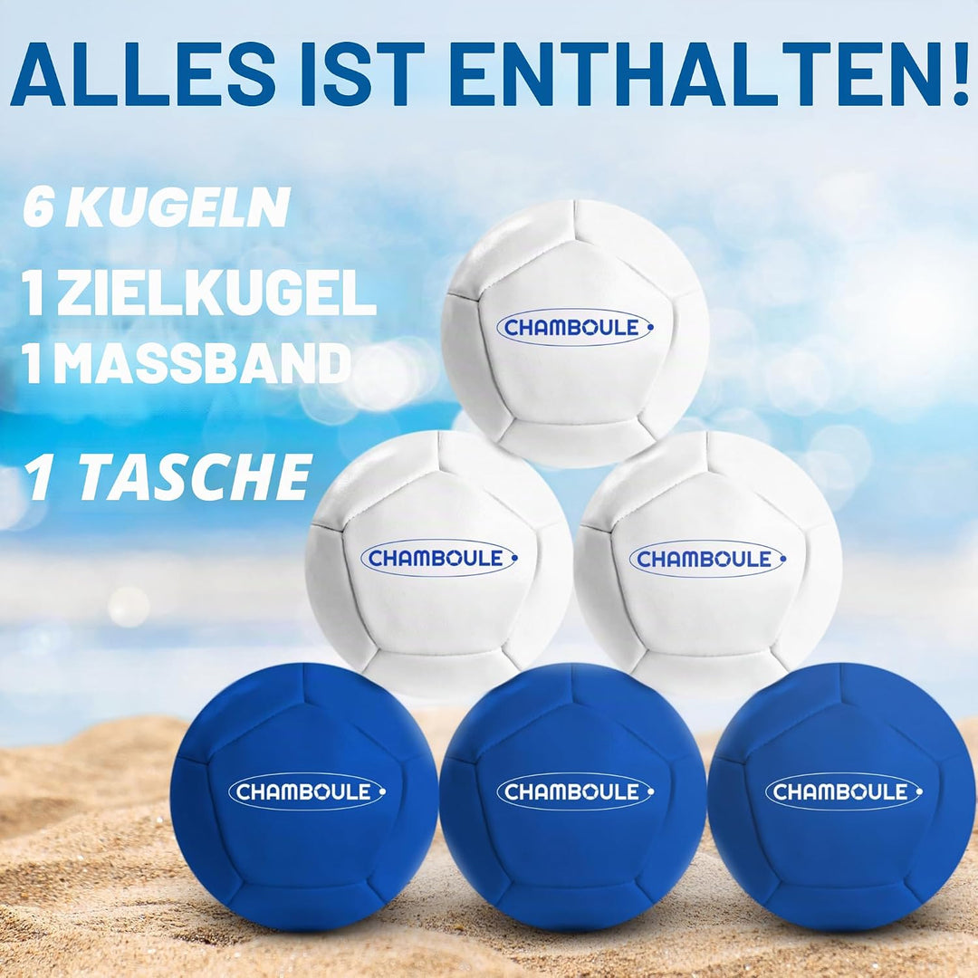 MASSA | CHAMBOULE – Boccia-Spiel für den Innen- und Aussenbereich – blaue und weisse Kugeln – Set mi