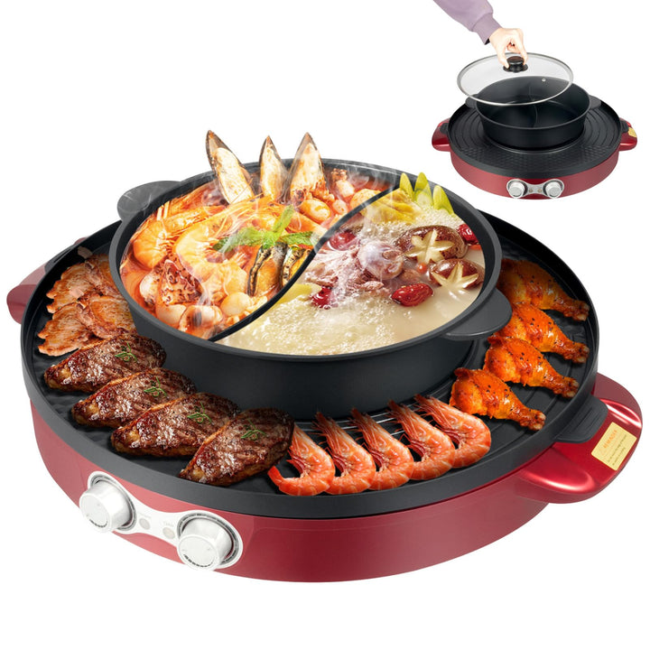Elektrischer Hot Pot 2200W, 2 in 1 BBQ Grillplatte, Tragbare Tischgrill Hotpot Topf mit Antihaftbesc