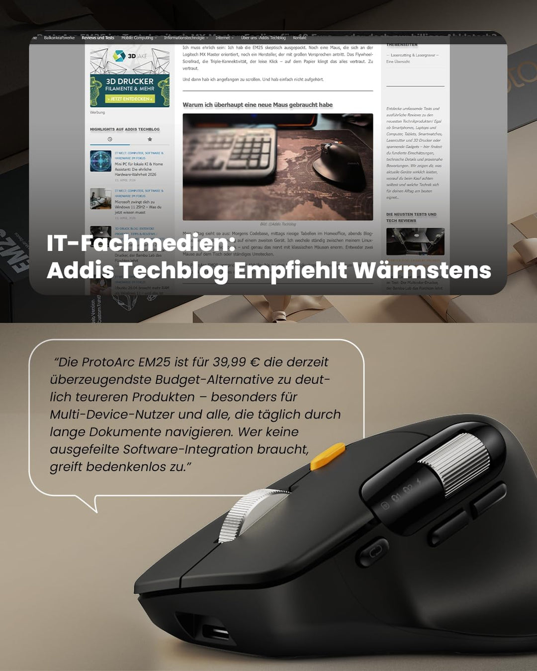 ProtoArc EM25 Ergonomische Maus mit Schnelles Scrollen, 2.4G Kabellos + 2*Bluetooth Wiederaufladbare
