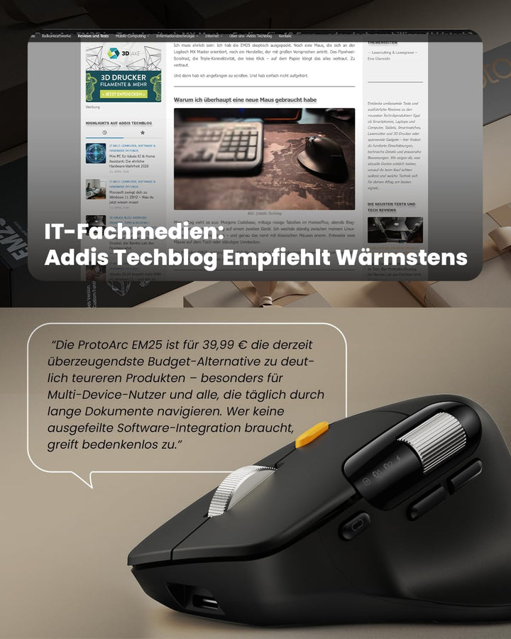 ProtoArc EM25 Ergonomische Maus mit Schnelles Scrollen, 2.4G Kabellos + 2*Bluetooth Wiederaufladbare