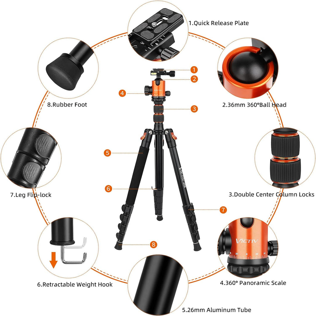 VICTIV 205cm Professionell Stativ für Kamera, Aluminiumlegierung Reisestativ Stativ für DSLR, 360 Gr