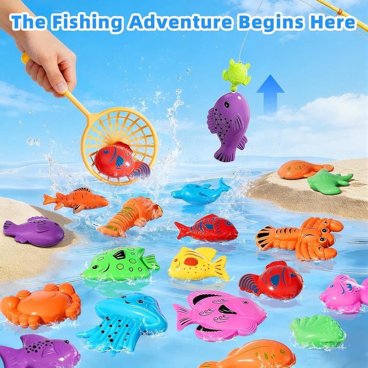 Magnetisches Angelspiel mit Aufblasbarem Pool, 60 Schwimmende Fische, 5 Angelruten &amp; 3 Netze, Baden