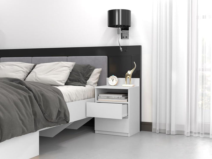 VBChome Nachttisch 40 x 32 x 59 cm Weiss Nachttisch mit 2 Schubladen und 1 Fächer für das Schlafzimm