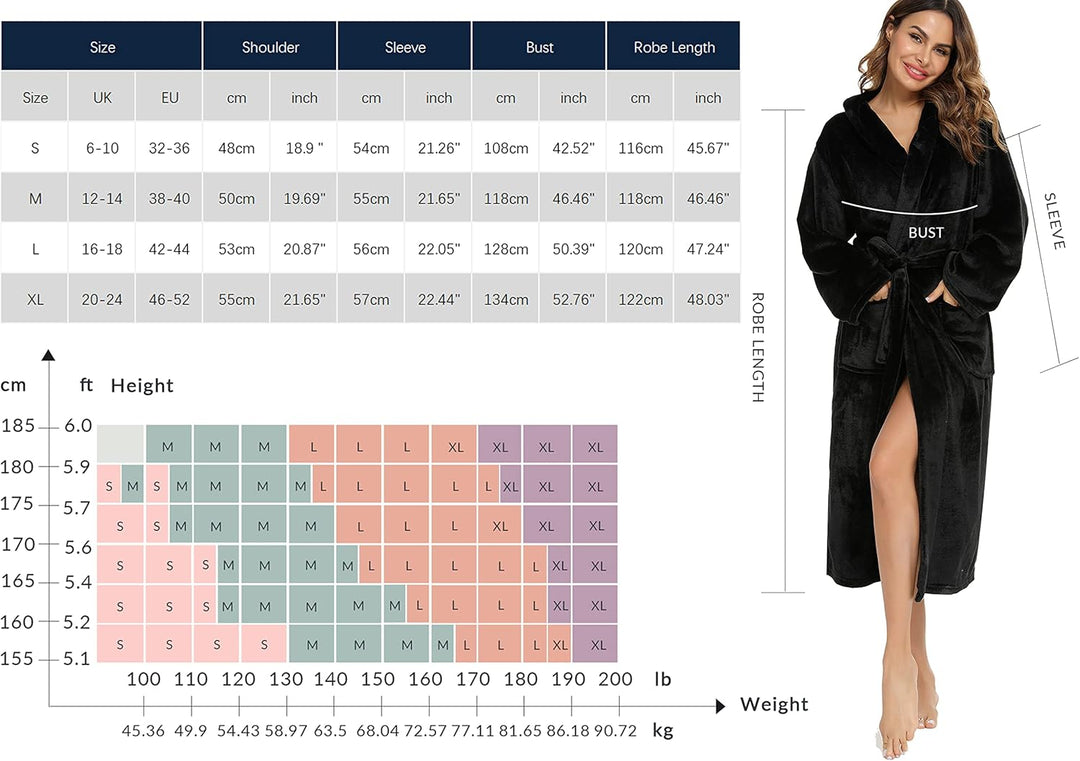Vlazom Damen Winter Bademantel Flanell mit Kapuze Langärme Morgenmantel Saunamantel Flauschiger Robe