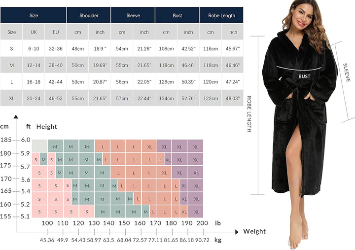 Vlazom Damen Winter Bademantel Flanell mit Kapuze Langärme Morgenmantel Saunamantel Flauschiger Robe