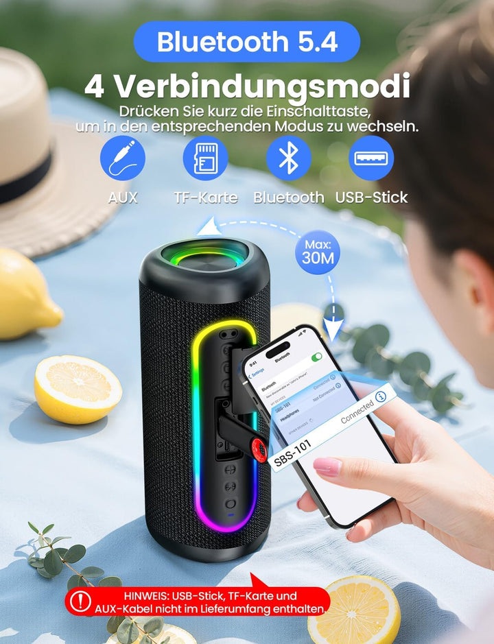 Bluetooth Lautsprecher 30W Dual-Lautsprecher Kräftiger Bass Bluetooth 5.4 IPX5 Wasserdicht 30 Stunde