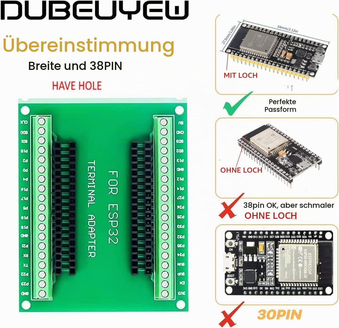 DUBEUYEW Entwicklungsboard 2,4 GHz Dual Core WLAN WiFi + Bluetooth 2-in-1 Mikrocontroller ESP-WROOM-