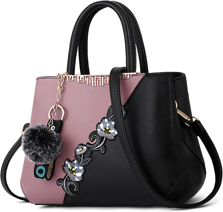 VARLIVOO Damen Handtasche Schultertasche Blumenmuster Frauen Umhängetasche Pom Pom Dekoration Shoppe
