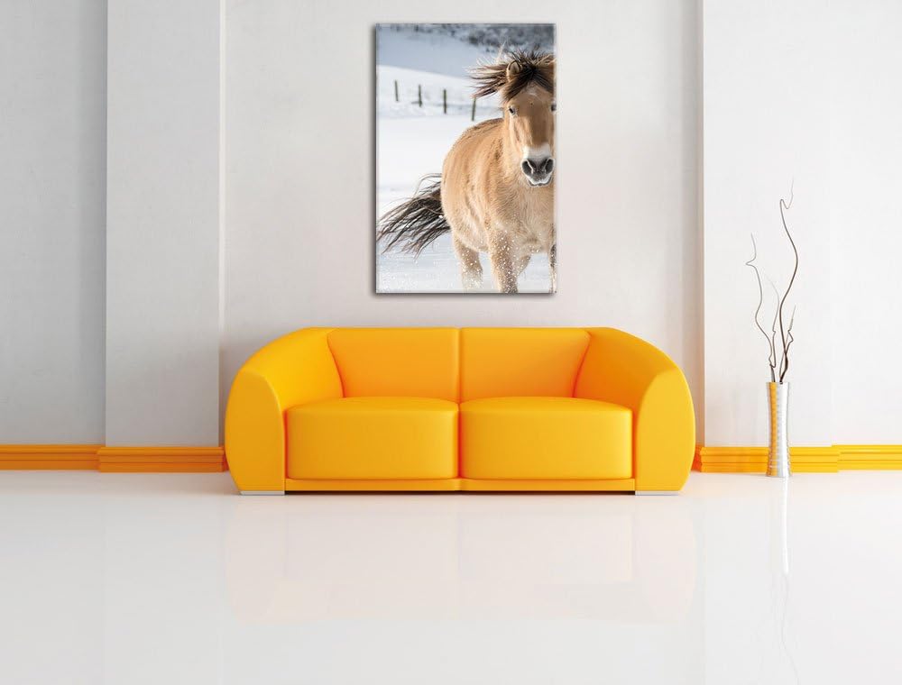 Pferd im Schnee, Format: 100x70 auf Leinwand, XXL riesige Bilder fertig gerahmt mit Keilrahmen, Kuns