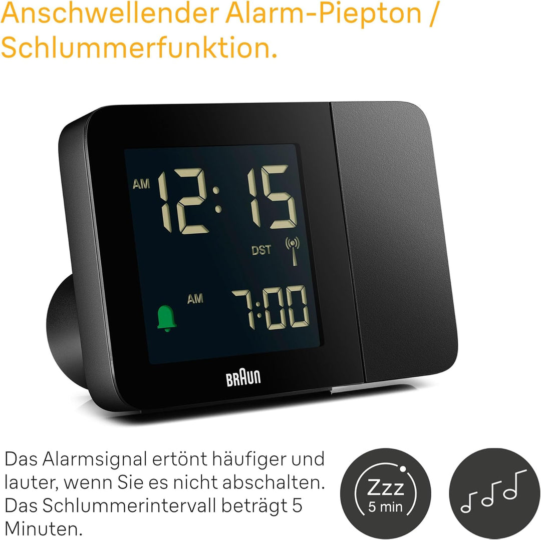 Braun Digitaler Funk-Projektionswecker für die mitteleuropäische Zeitzone (DCF) mit negativem LCD-Di