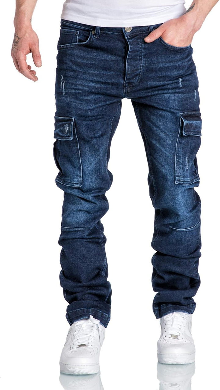 Amaci&Sons Herren Cargo Jeans Regular Slim Denim Hose Destroyed 7985 32W / 34L Dunkelblau, 32W / 34L