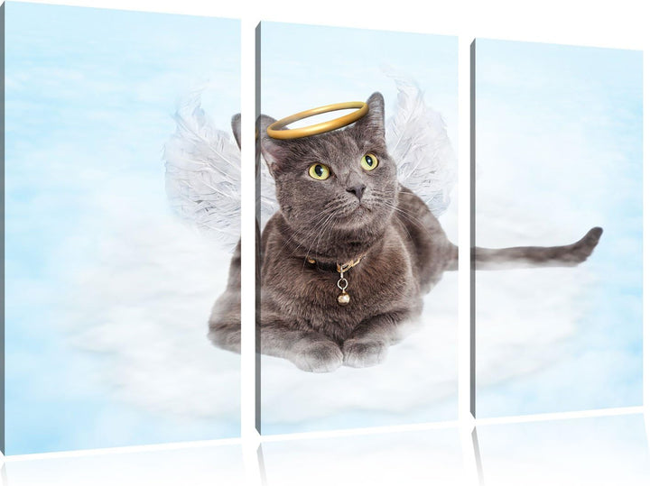 Pixxprint Katzen-Engel auf Wolke / 3-Teilig/Gesamtmass 120cm Leinwandbild bespannt auf Holzrahmen/Wa