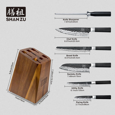 SHAN ZU Japanisches Messerset 7 teilig, Kochmesser Küchenmesser Set mit Block, 7 Schichten 9Cr18MoV-