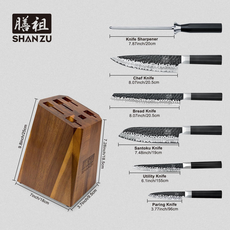 SHAN ZU Japanisches Messerset 7 teilig, Kochmesser Küchenmesser Set mit Block, 7 Schichten 9Cr18MoV-