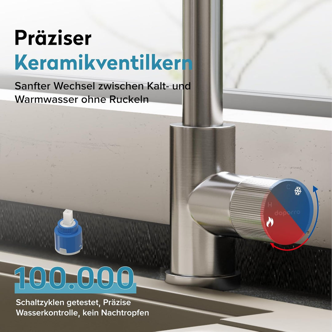 doporro Wasserhahn Küche ausziehbar, Hochdruck Küchenarmatur mit Wasserfall, 3 Strahlarten und Braus