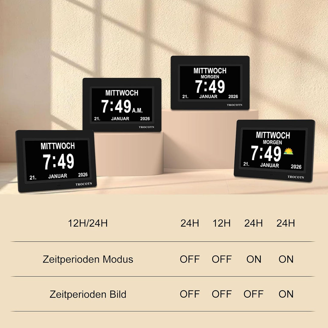 TROCOTN Demenz Uhr Senioren Digitale Uhr Tagesuhr Grosses Display Wecker Wanduhr (Schwarz, 7 Zoll) 7
