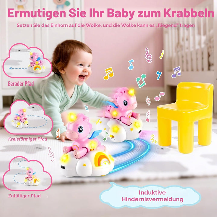 2-in-1 Einhorn Wolken Baby Spielzeug mit 3 Entwicklungsstufen für Tummy Time,Krabbeln mit Licht & Mu