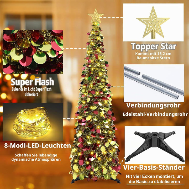 HMASYO 150 cm Pop-Up Lametta Weihnachtsbaum mit 50 Timer-Lichtern, Buntes Gold Zusammenklappbarer Kü