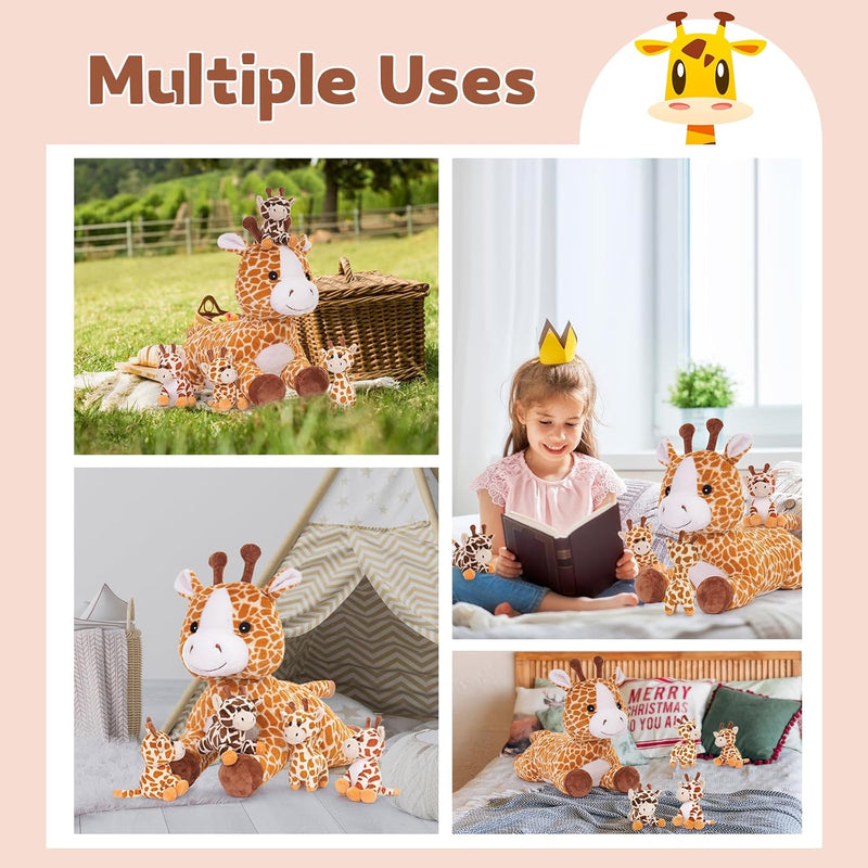 MorisMos 55cm lang riesen Giraffe Kuscheltier gross, Giraffe Stofftier XXL mit 4 Plüschbaby im Bauch