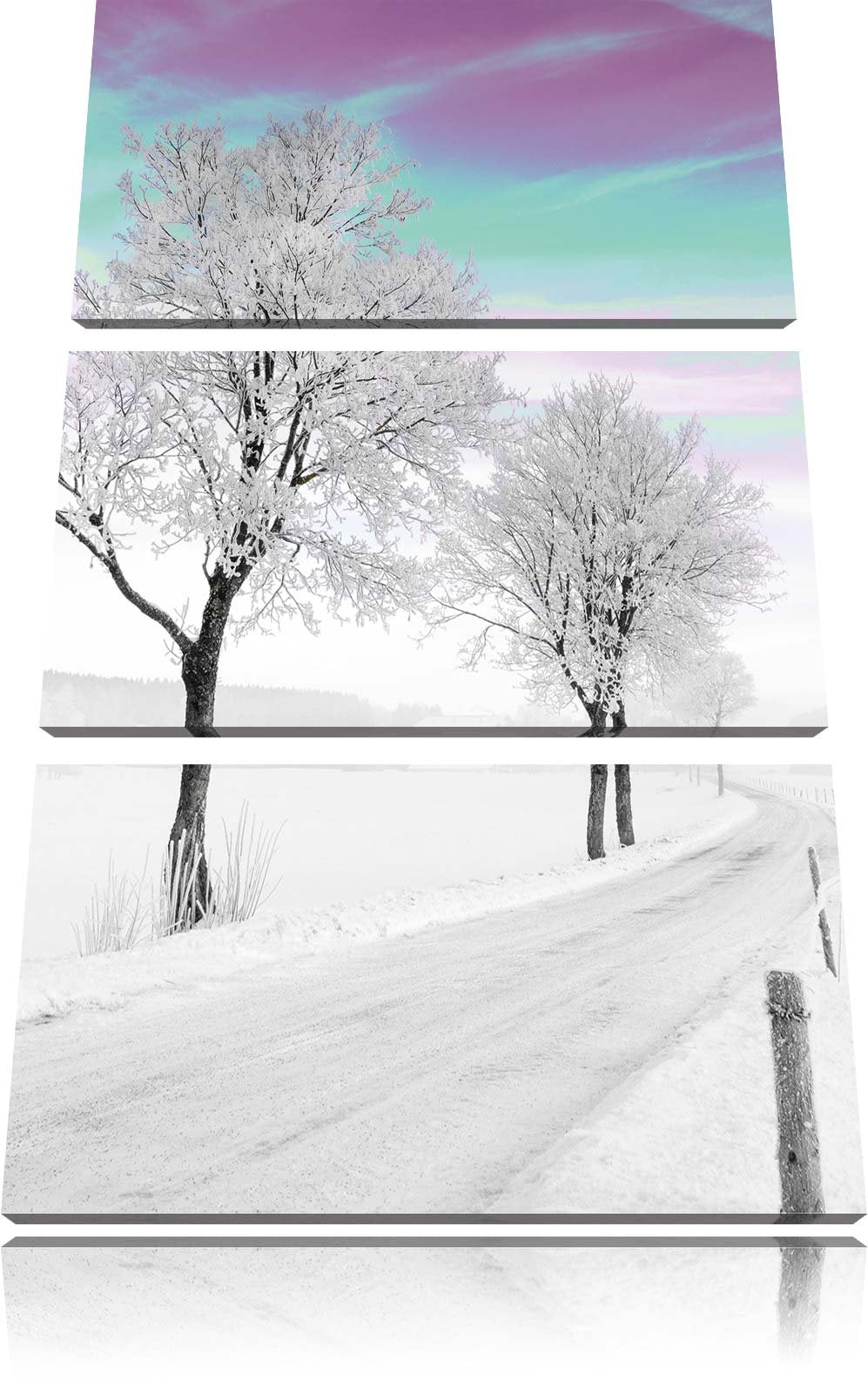 Pixxprint verschneiter Baum in Winterlandschaft als Leinwandbild/Grösse: 3 Teilig (120x80) cm/Wandbi