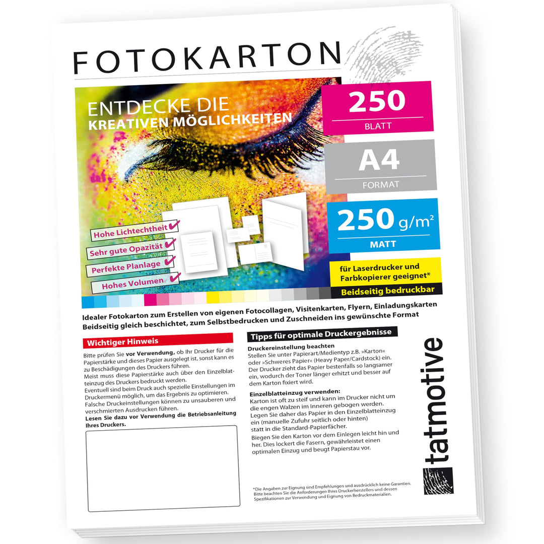 TATMOTIVE F01M250 Fotokarton Fotopapier 250g matt weiss/Laserdrucker/DIN A4 / Beidseitig bedruckbar