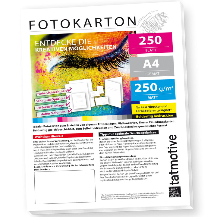 TATMOTIVE F01M250 Fotokarton Fotopapier 250g matt weiss/Laserdrucker/DIN A4 / Beidseitig bedruckbar