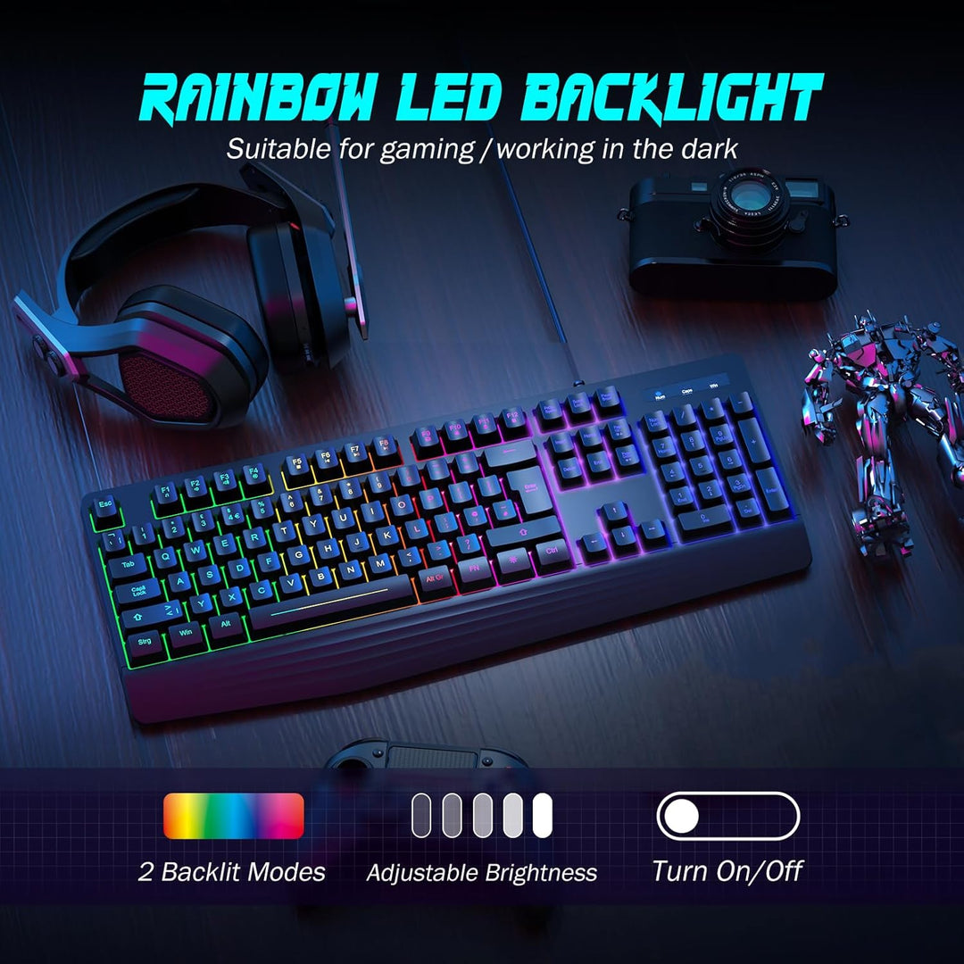 yesbeaut Gaming-Tastatur, 7-farbige Regenbogen-LED-Hintergrundbeleuchtung, 104 Tasten, leise beleuch