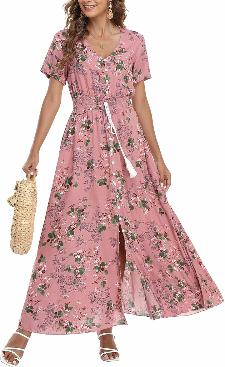 VOGMATE Damen Lange Split Knopf Up Sommer Maxikleid Floral Strandwear Holidy Kleid Hohe Taille mit k