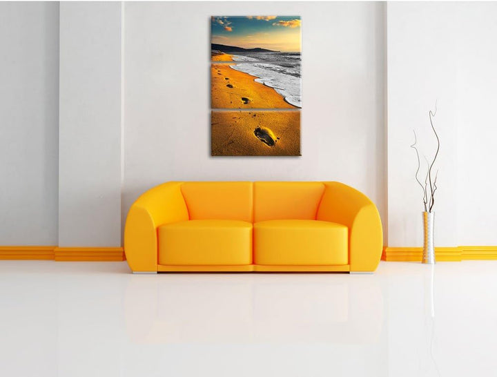 Pixxprint Spuren Im Sand am weiten Meer/Format: 3-Teiler (120x80cm) cm/Leinwandbild fertig bespannt