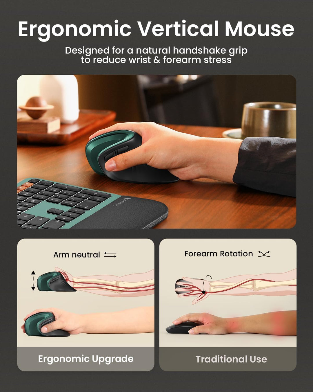 ProtoArc EM11 NL Ergonomische Vertikale Maus, Kabellos Aufladbar Mouse mit 3 Gerät (Bluetooth+Blueto