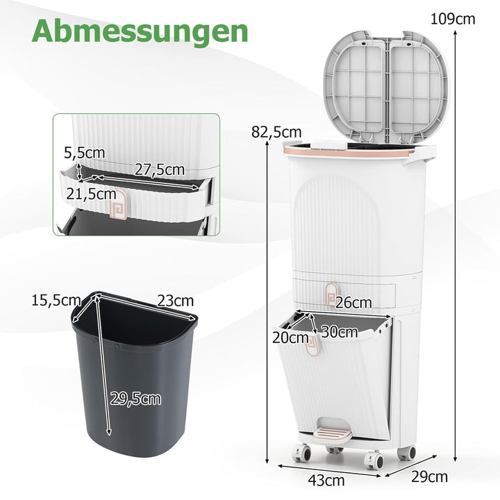 COSTWAY Mülleimer Küche, Mülltrennsystem 3 Fächer, 2 x 12L Inneneimer & 14L Treteimer, Abfalleimer m