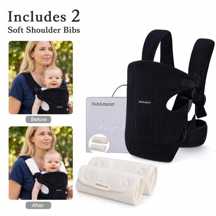 Bebamour Babytrage Vorder und Rückentrage mit 2 Schulterlätzchen, Black, Black