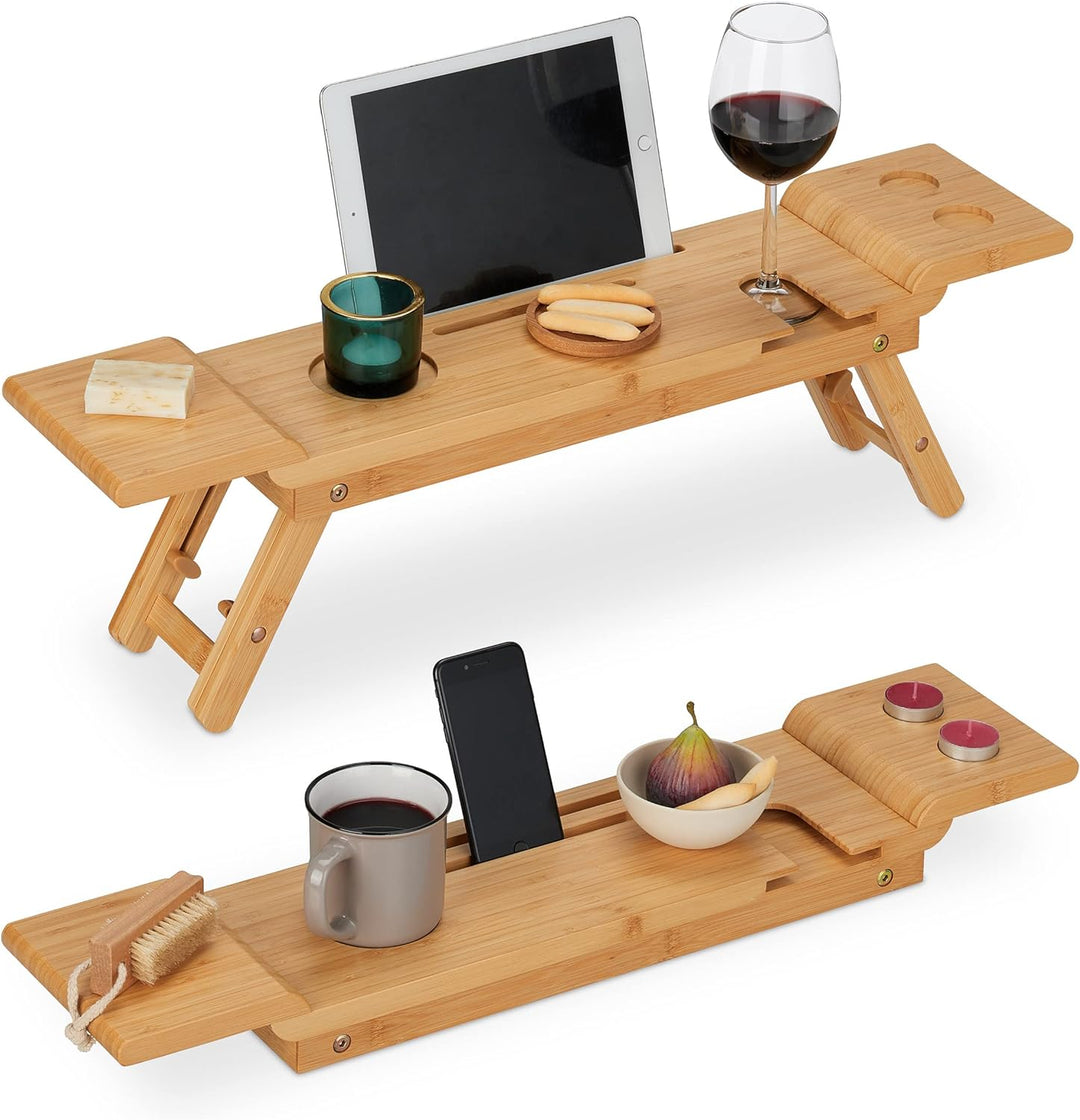 Relaxdays Badewannenablage Bambus, 70cm breit, Badetablett für Glas, Handy, Tablet, Badewannenbrett