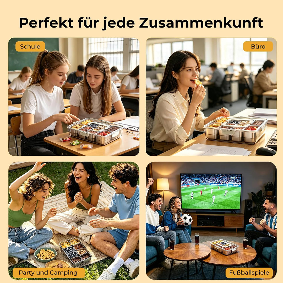 HiTauing Snackbox mit 8 Edelstahl Fächern, Snackteller mit Griff und 8 Einzelnen Deckeln, Verhindert